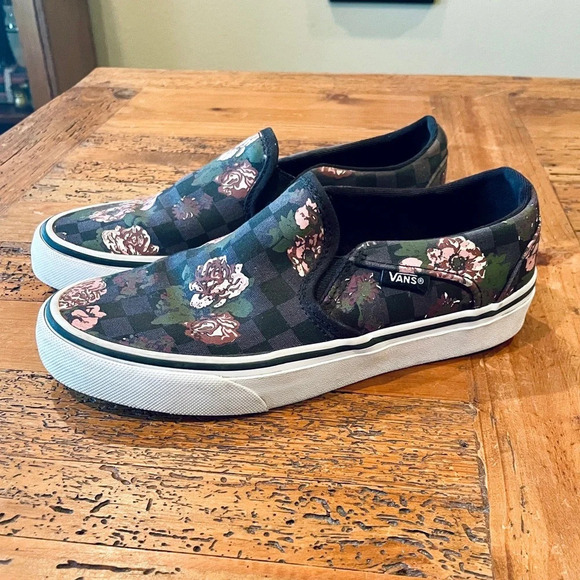 Vans Off the Wall slip-on canvas sneakers women 5 or kids 3.5 black pink floral - Picture 2 of 9
